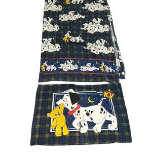 Vintage 101 Dalmatians Flannel Bed Sheet Pillow Case 2 Pc Disney Plaid Green 90s